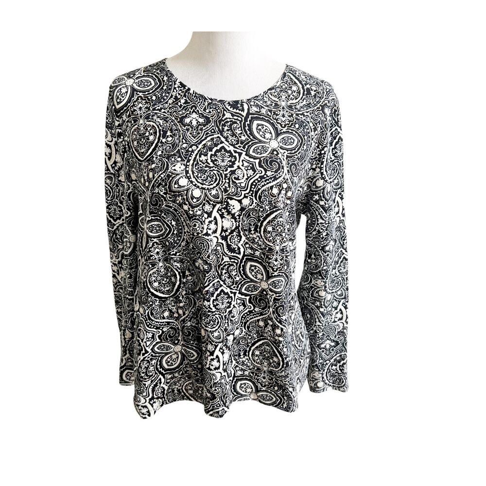 Charter Club Luxury Pima Cotton Top Womens XL Black White Paisley Long Sleeve